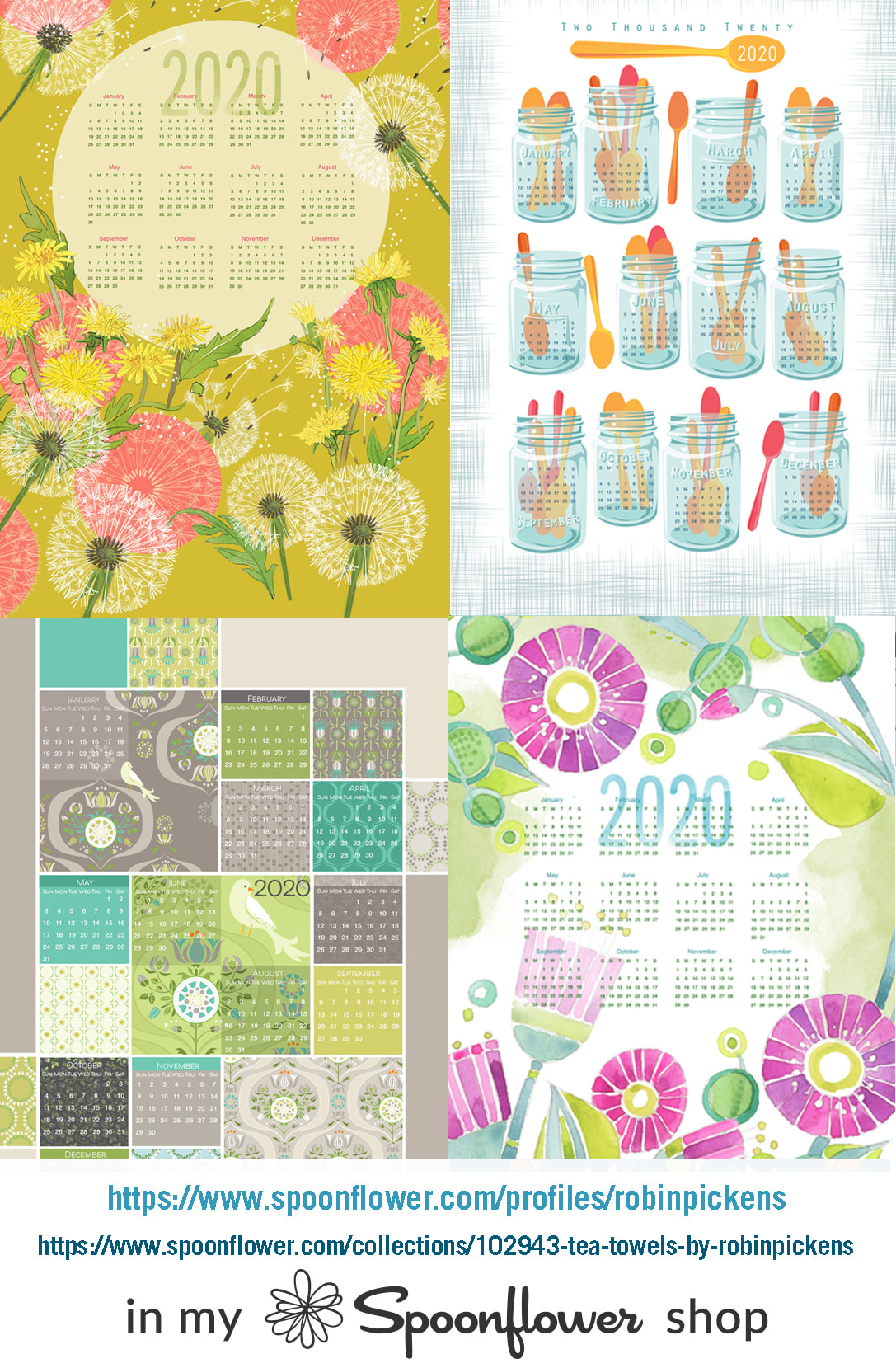 2020 calendars on paper and tea towels by Robin Pickens Robin Pickens